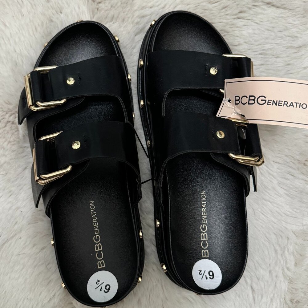 BCBGeneration Black Sandal Slides with Gold Buckles